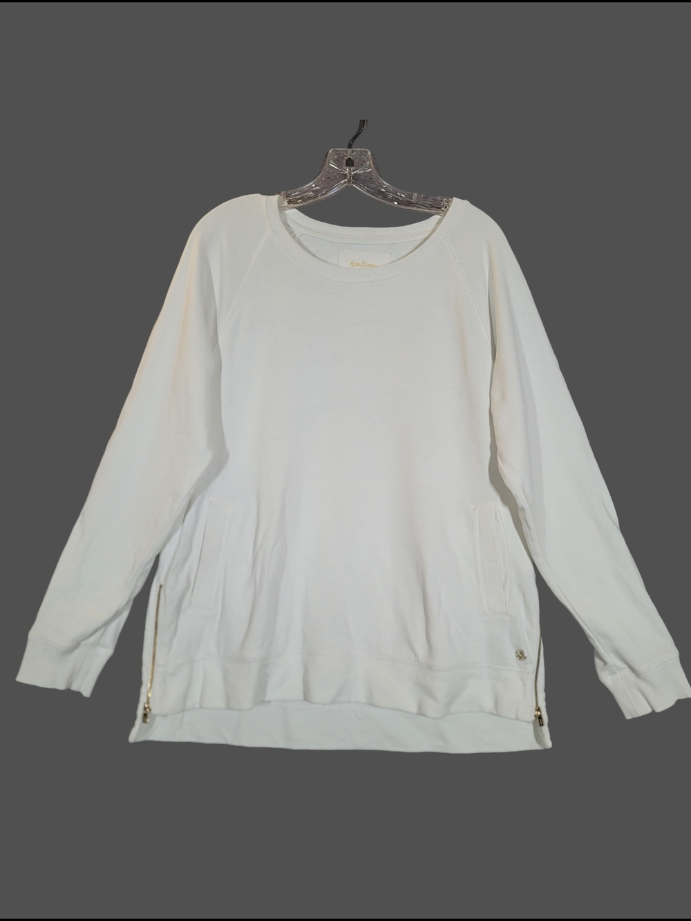 Lilly Pulitzer Luxletic Crewneck Sweatshirt White Gold Zipper Detail Pullover L